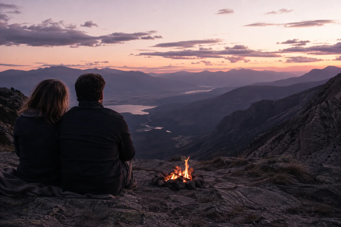 Two travelers share a quiet campfire above a mountain valley